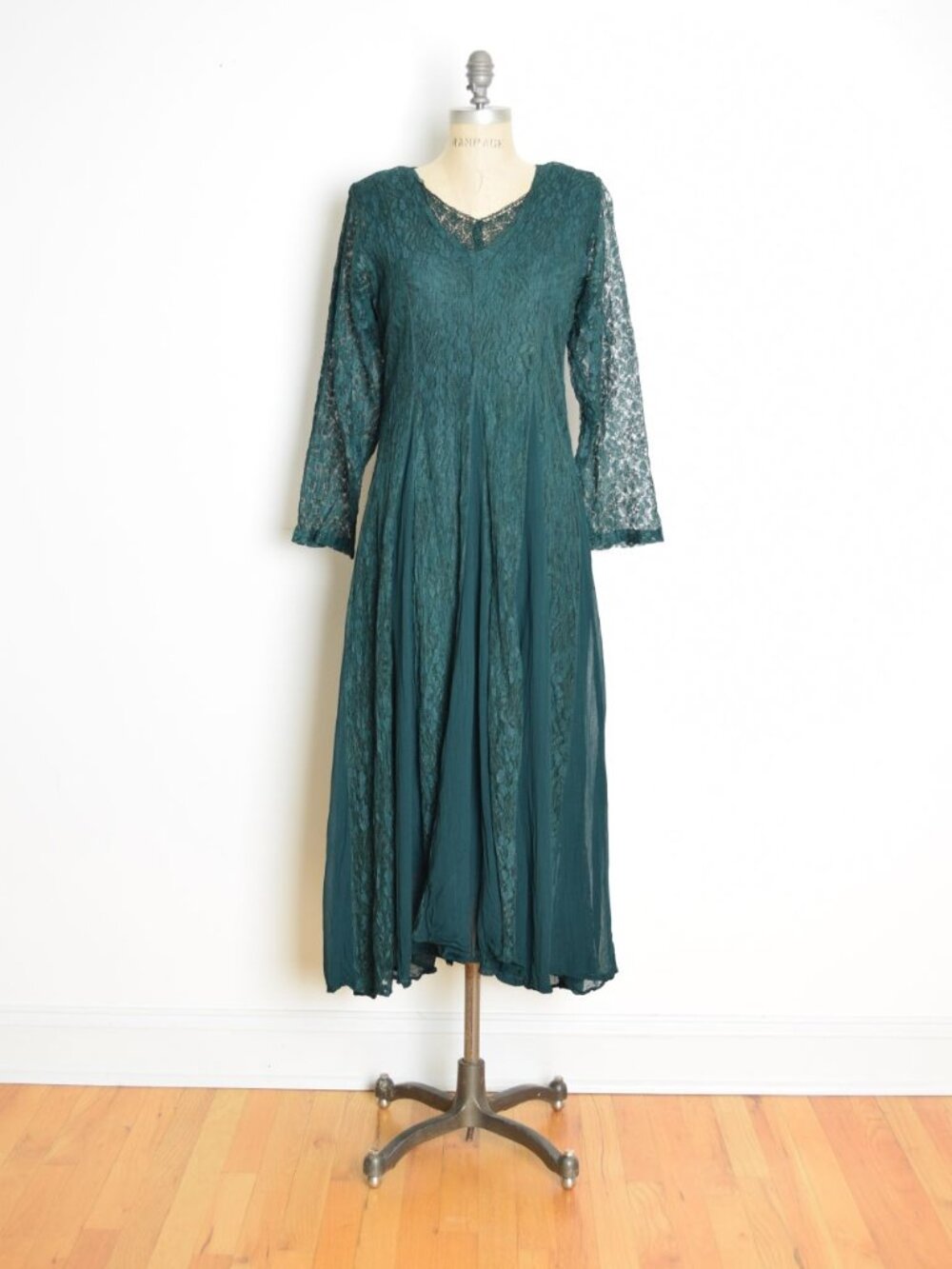 vintage 90s dress forest green lace chiffon fairy festival hippie boho midi M
